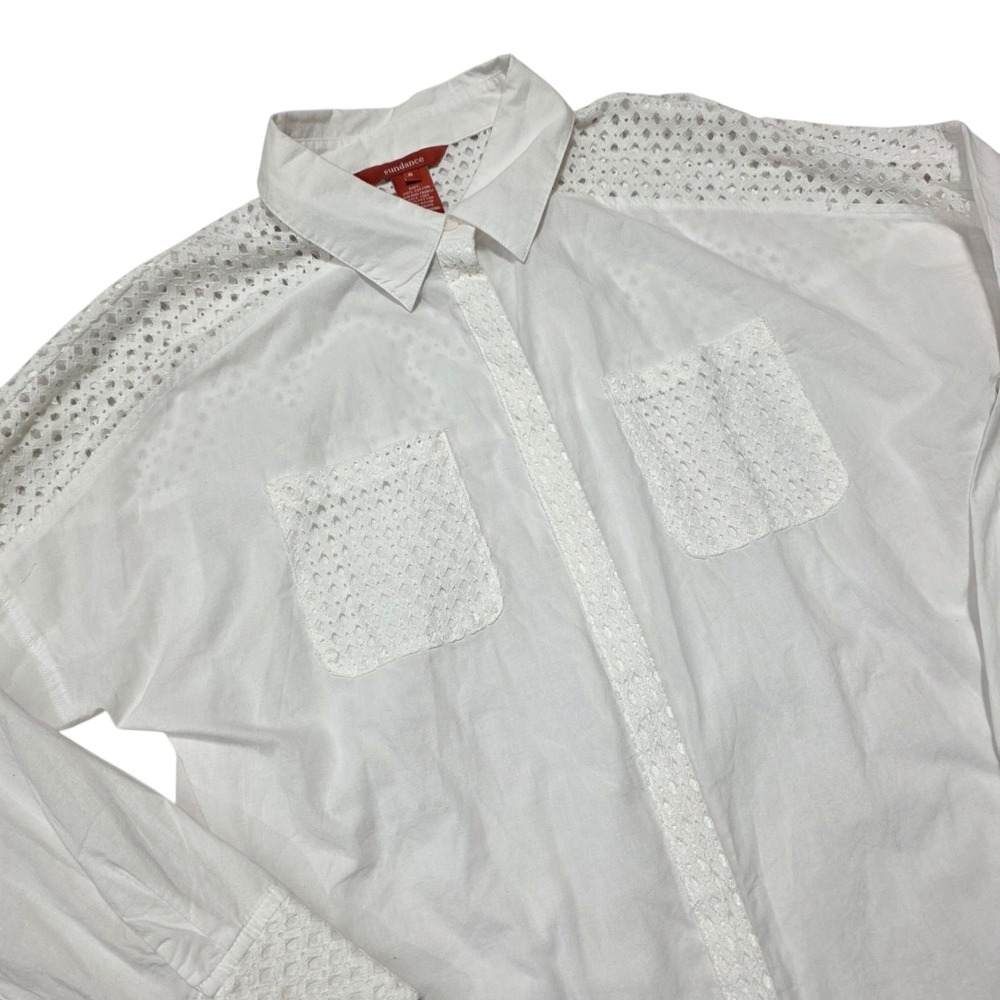 Sundance White Eyelet Lace Button Down Shirt Womens 8 Cotton Long Sleeve